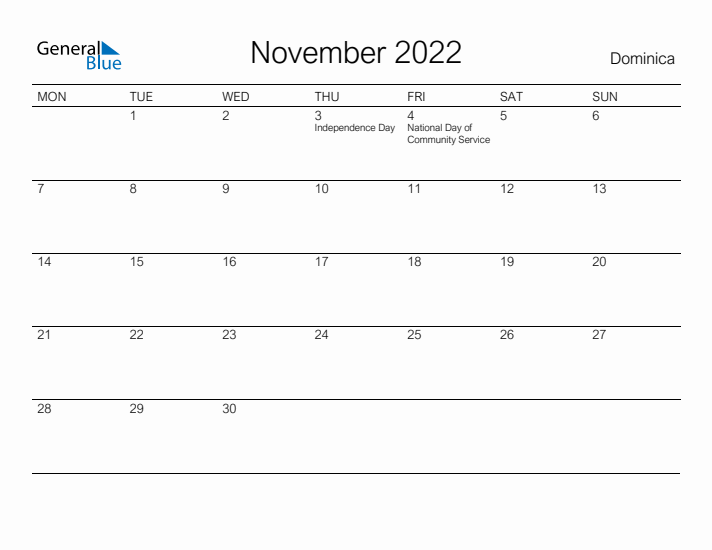 Printable November 2022 Calendar for Dominica