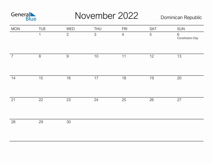 Printable November 2022 Calendar for Dominican Republic