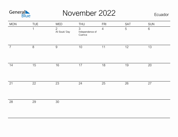 Printable November 2022 Calendar for Ecuador