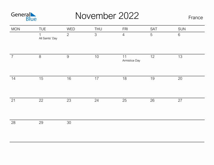 Printable November 2022 Calendar for France