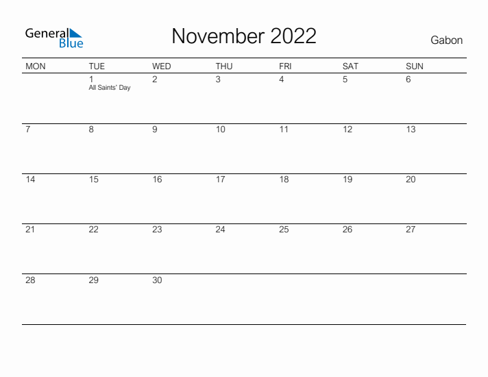 Printable November 2022 Calendar for Gabon