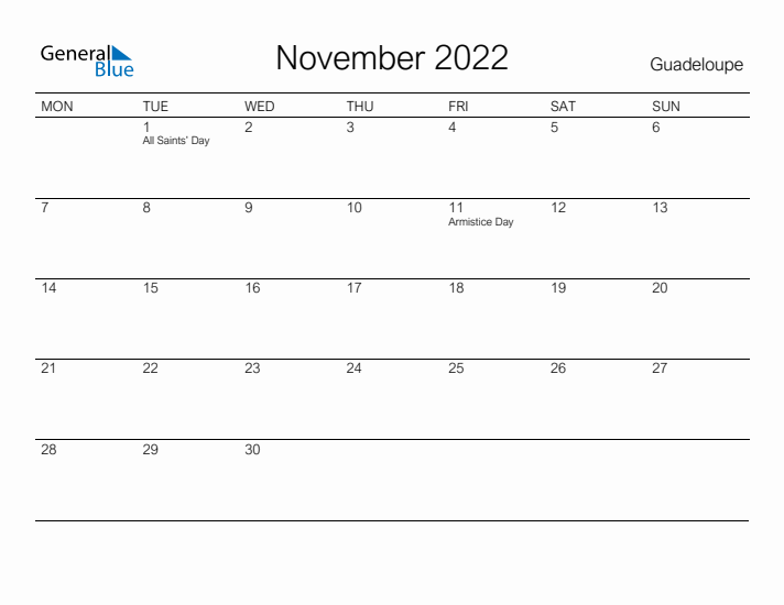 Printable November 2022 Calendar for Guadeloupe