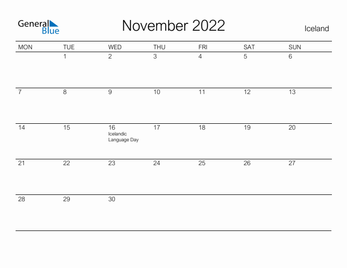 Printable November 2022 Calendar for Iceland