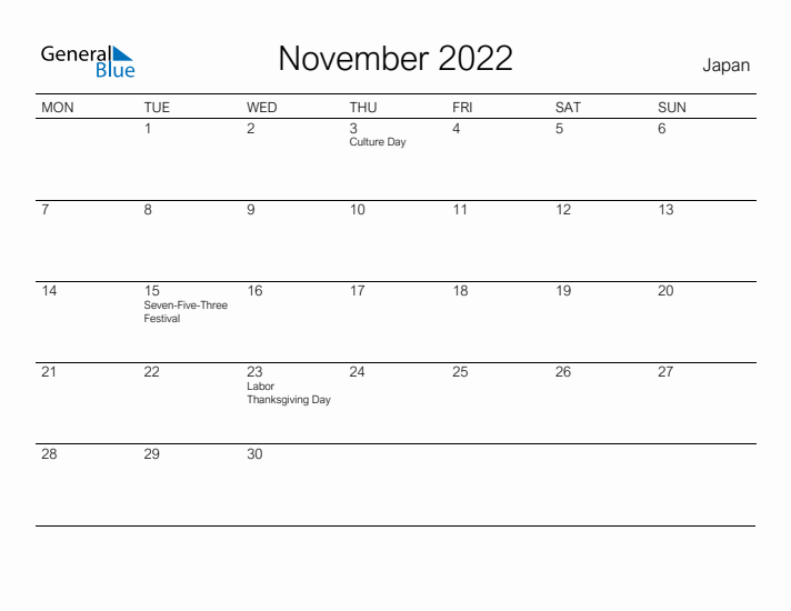 Printable November 2022 Calendar for Japan