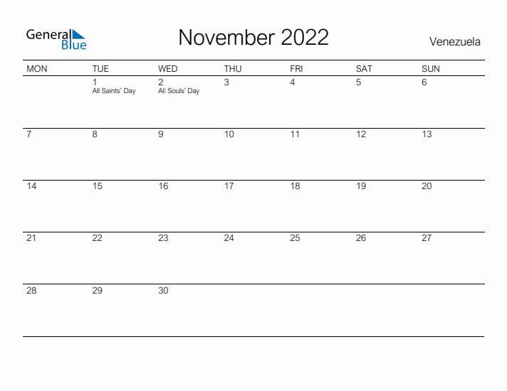 Printable November 2022 Calendar for Venezuela