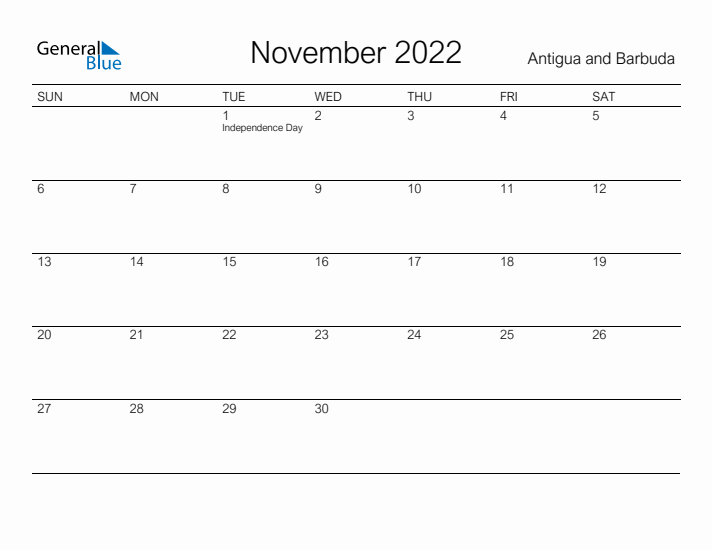 Printable November 2022 Calendar for Antigua and Barbuda