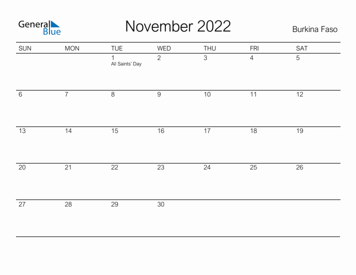 Printable November 2022 Calendar for Burkina Faso