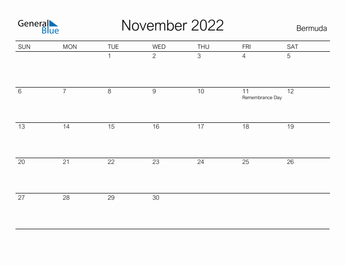 Printable November 2022 Calendar for Bermuda