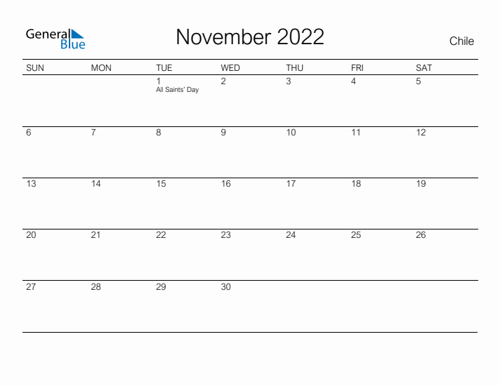 Printable November 2022 Calendar for Chile