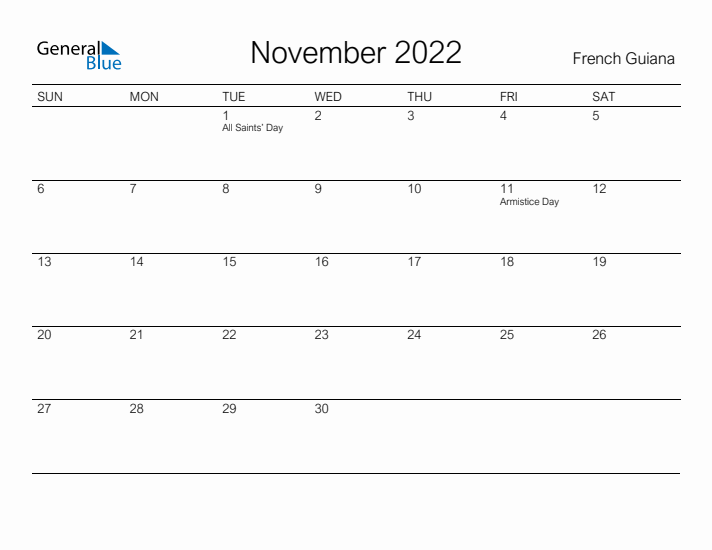 Printable November 2022 Calendar for French Guiana