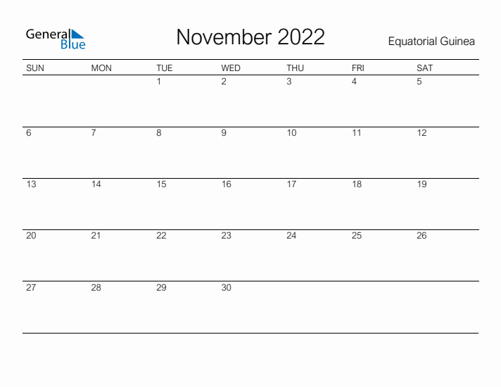 Printable November 2022 Calendar for Equatorial Guinea