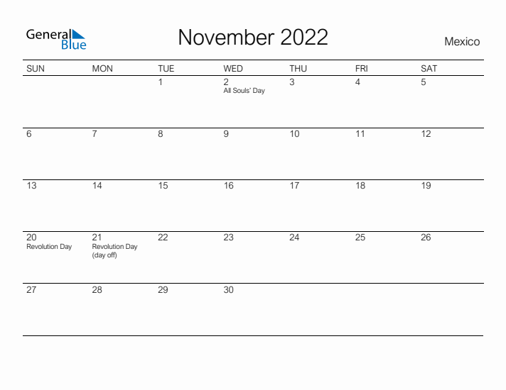 Printable November 2022 Calendar for Mexico