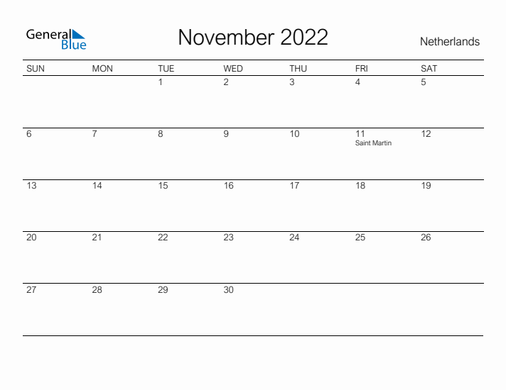 Printable November 2022 Calendar for The Netherlands