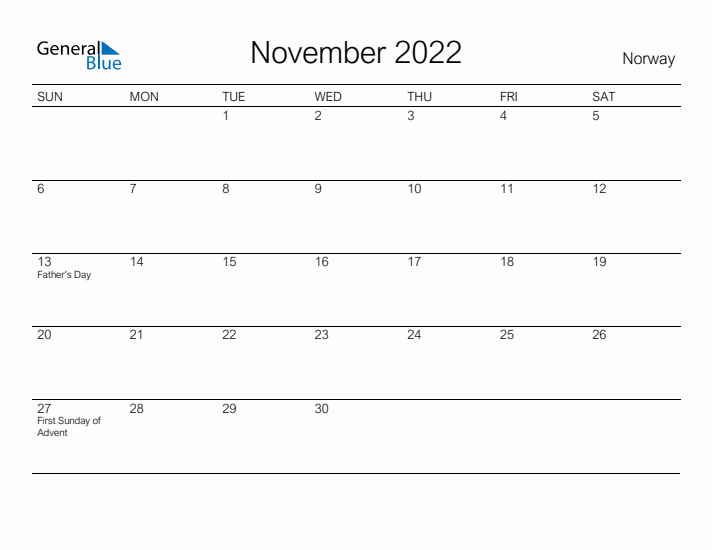 Printable November 2022 Calendar for Norway