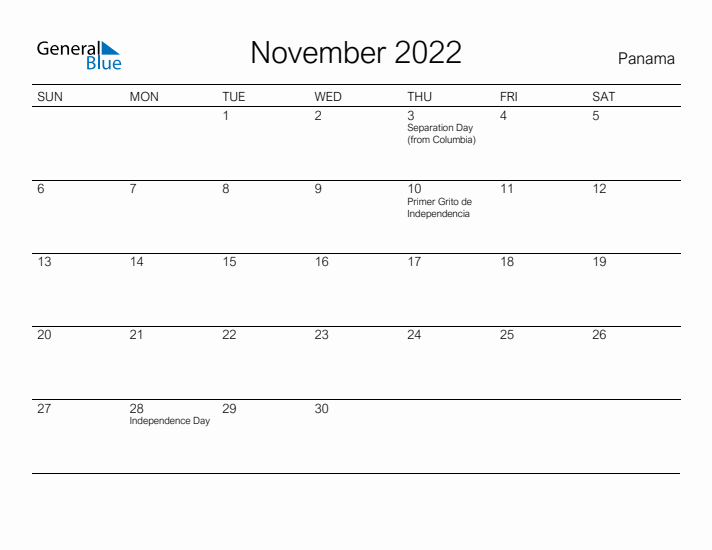 Printable November 2022 Calendar for Panama