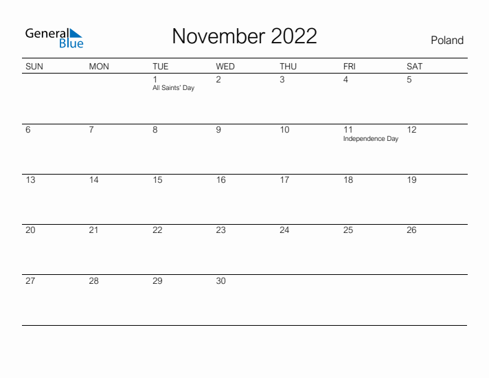 Printable November 2022 Calendar for Poland