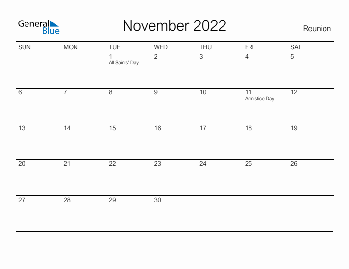 Printable November 2022 Calendar for Reunion