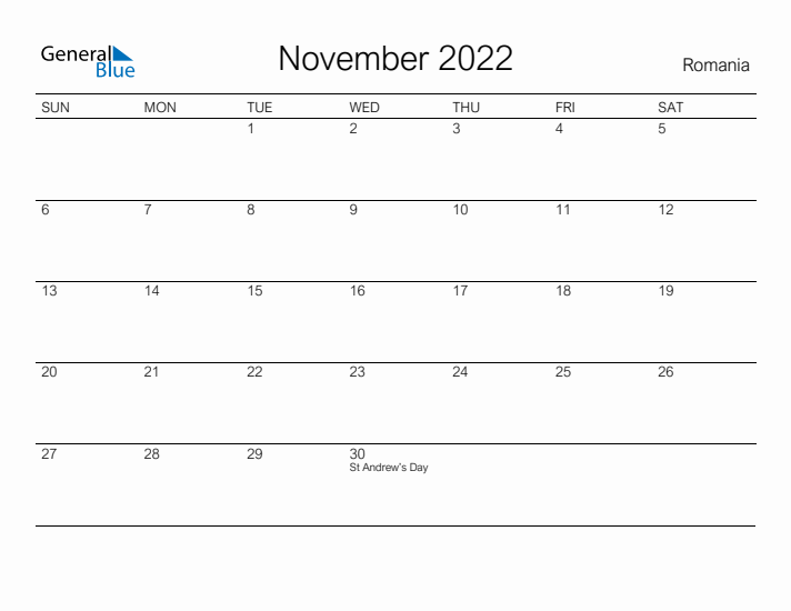 Printable November 2022 Calendar for Romania