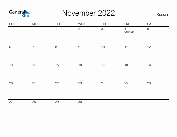 Printable November 2022 Calendar for Russia