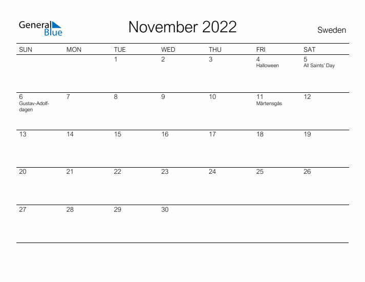 Printable November 2022 Calendar for Sweden