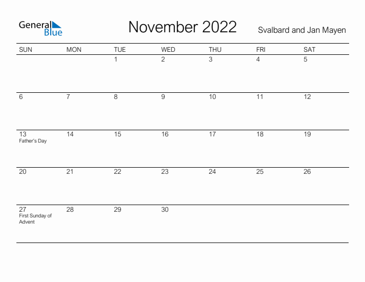 Printable November 2022 Calendar for Svalbard and Jan Mayen