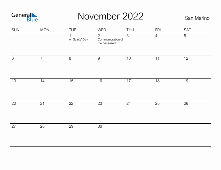 Printable November 2022 Calendar for San Marino