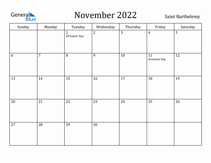 November 2022 Calendar Saint Barthelemy