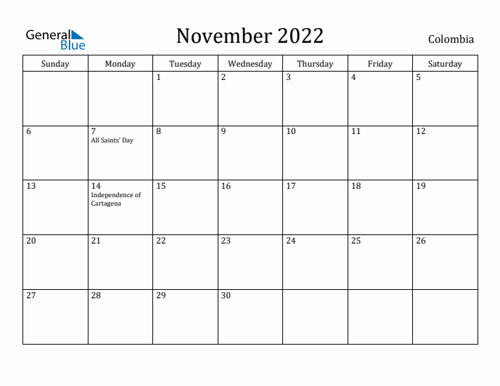 November 2022 Calendar Colombia