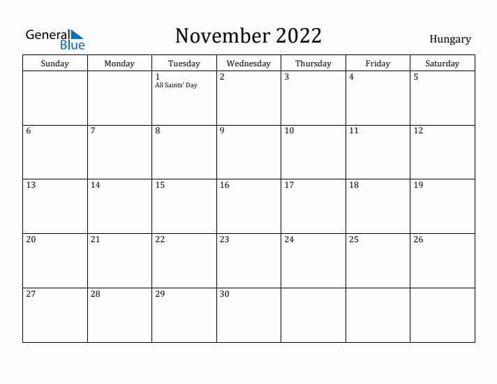 November 2022 Calendar Hungary