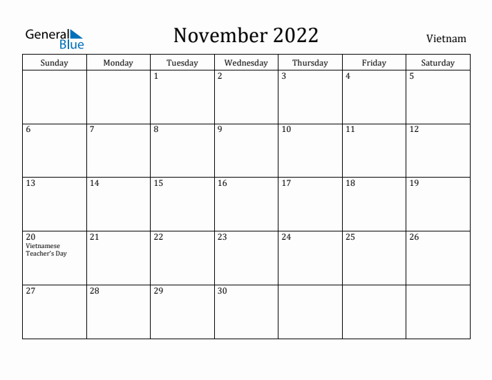 November 2022 Calendar Vietnam