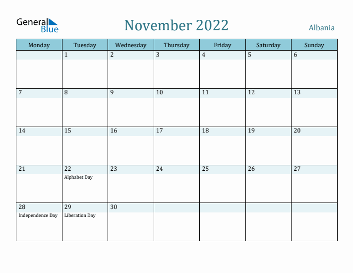 November 2022 Calendar with Holidays