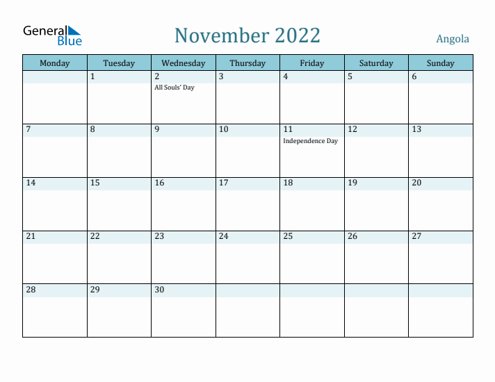 November 2022 Calendar with Holidays