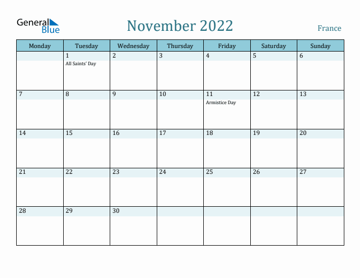 November 2022 Calendar with Holidays