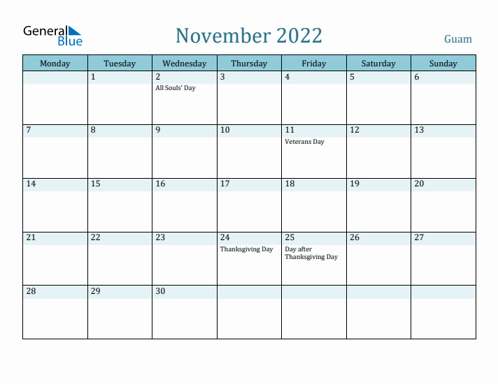 November 2022 Calendar with Holidays