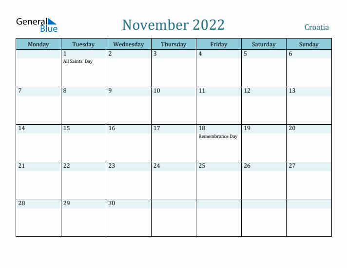 November 2022 Calendar with Holidays