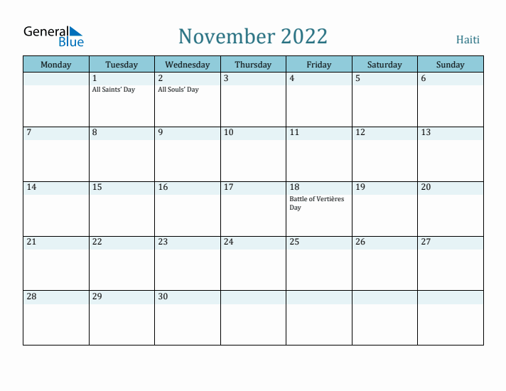 November 2022 Calendar with Holidays