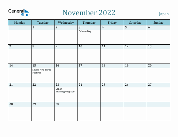 November 2022 Calendar with Holidays