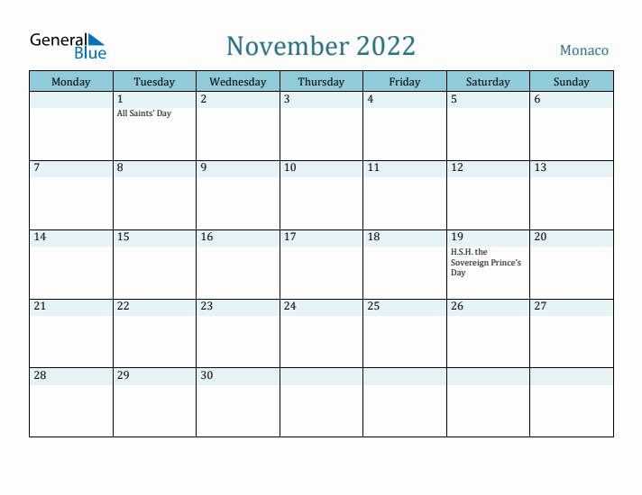 November 2022 Calendar with Holidays