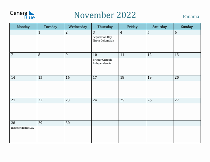 November 2022 Calendar with Holidays