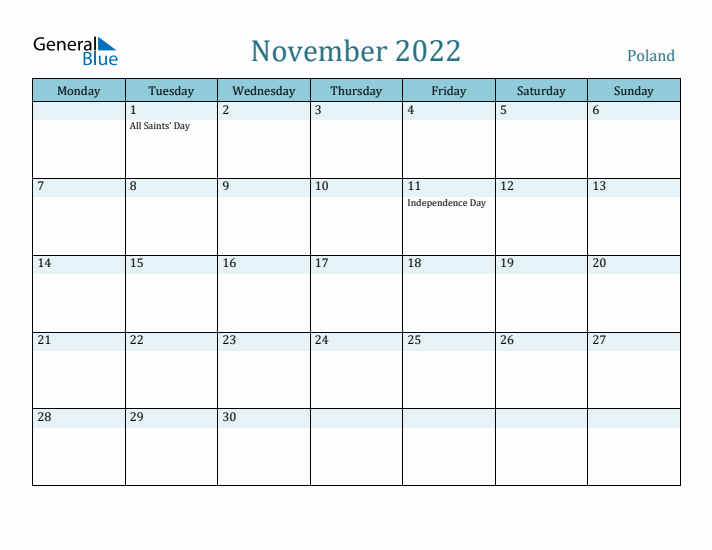 November 2022 Calendar with Holidays