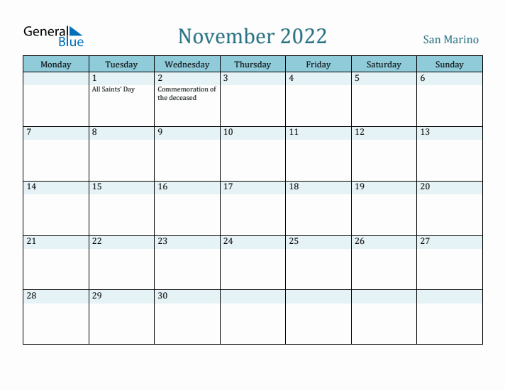 November 2022 Calendar with Holidays