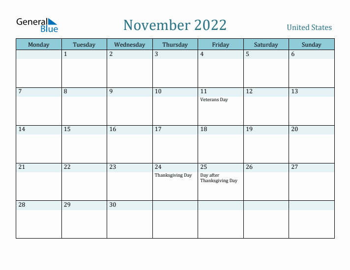 November 2022 Calendar with Holidays