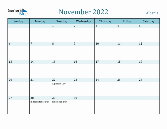 November 2022 Calendar with Holidays