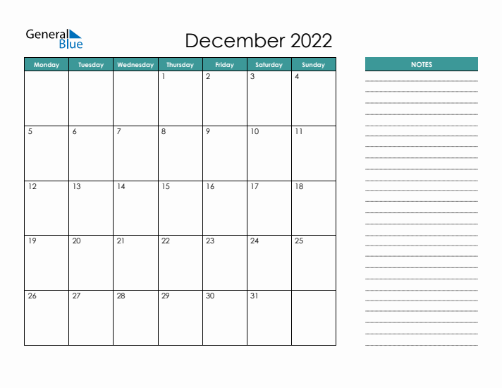 December 2022 Calendar with Notes