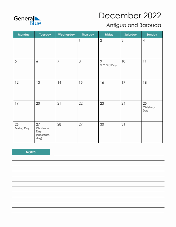 Calendar with Notes Printable - Monday Start