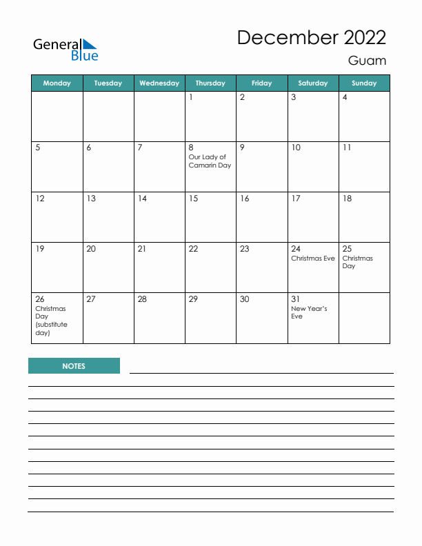 Calendar with Notes Printable - Monday Start