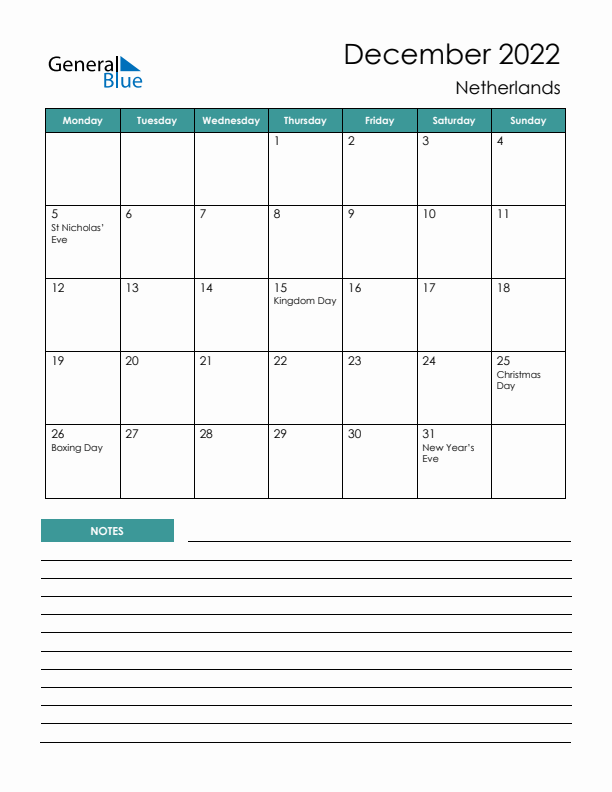 Calendar with Notes Printable - Monday Start