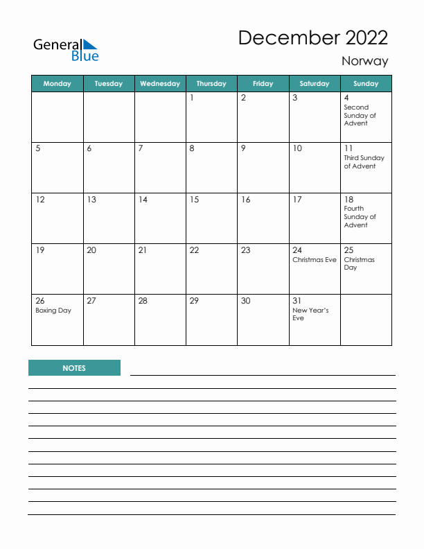 Calendar with Notes Printable - Monday Start