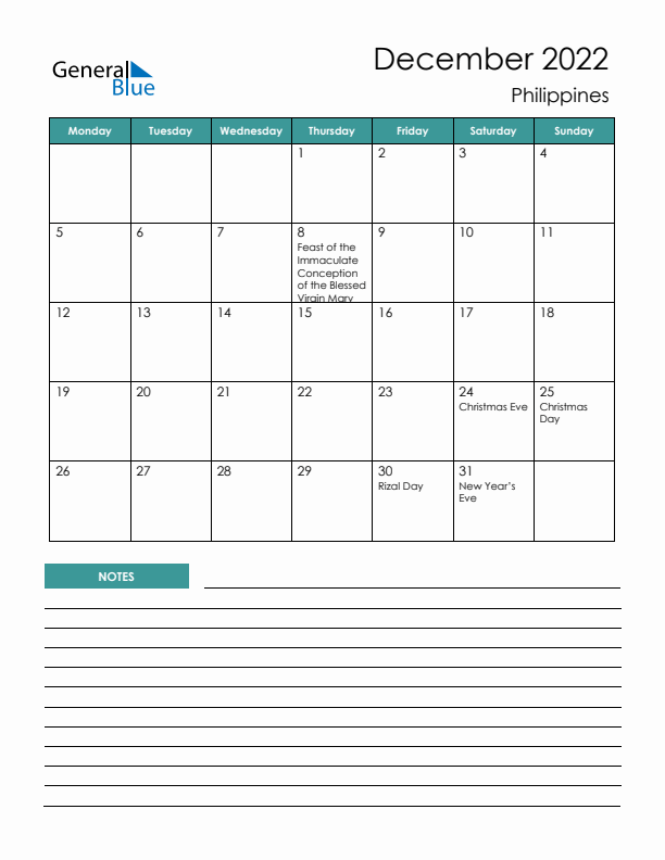 Calendar with Notes Printable - Monday Start