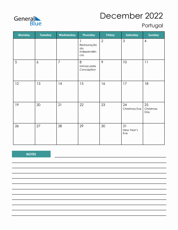 Calendar with Notes Printable - Monday Start